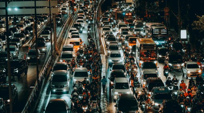 traffic jam on a multi lane highway at night