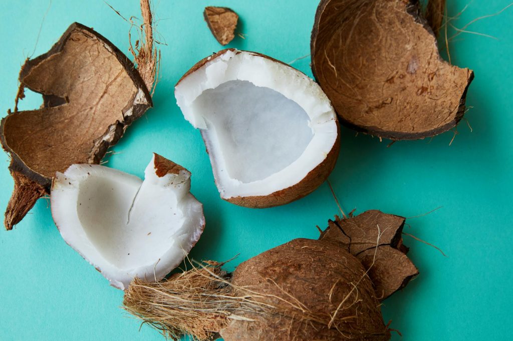 pieces of cracked coconut with aromatic white pulp